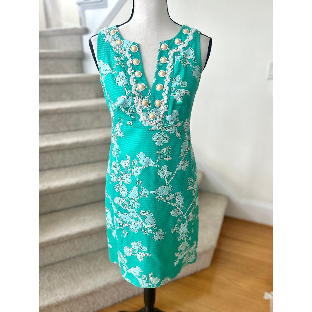 Lilly Pulitzer Turquoise & White Embroidered Shift Dress with Pearl Buttons